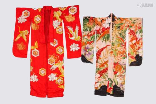 Two Japanese silk kimonos with gold thread and embroidered f...