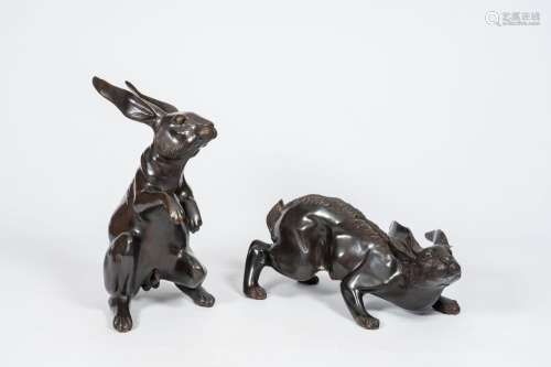 Two large Japanese patinated bronze okimono of a rabbit or u...