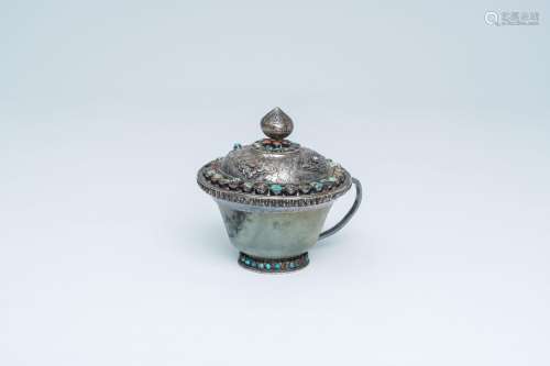 A Tibetan jade silver mounted bowl and cover set with turquo...