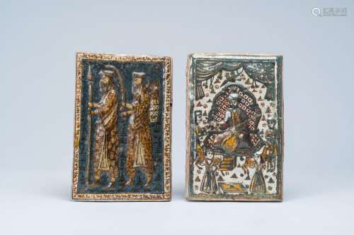 Two luster-glazed relief decorated Qajar tiles with figures,...
