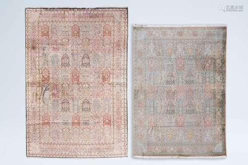 Two large Iranian Kashmir rugs with floral design, silk on c...