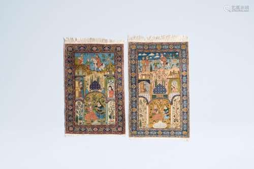 Two Iranian pictorial rugs with Layla and Majnun, wool on co...