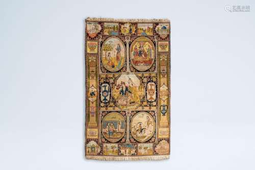 An Iranian pictorial rug with Layla and Majnun, probably Tab...