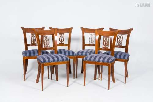 Six English wood lyre side chairs or harp back chairs with b...