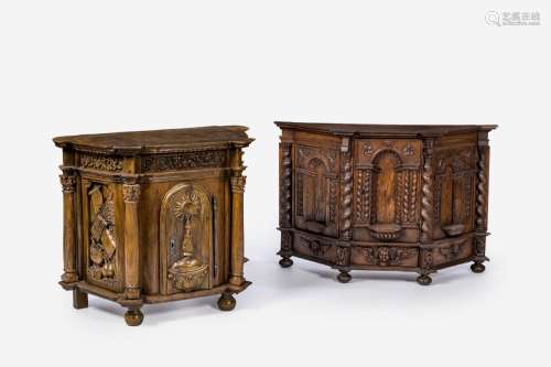 Two Flemish four-cornered wood tabernacles with twisted and ...