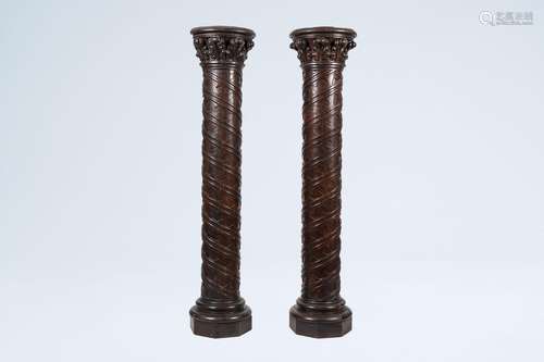 A pair of large oak columns with geometric motifs, Belgium, ...