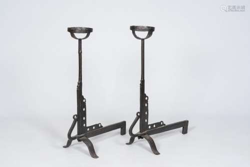 A pair of French wrought iron andirons, 18th/19th C.<br />
H...