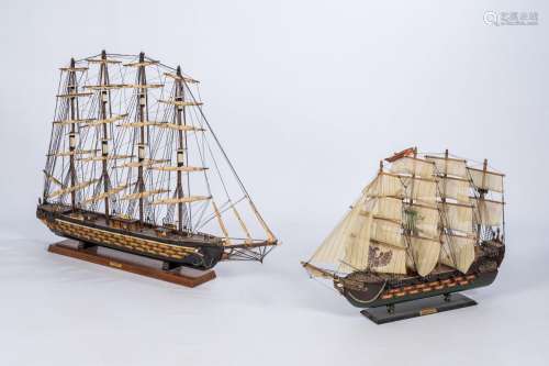 Two large polychrome painted wood models of Spanish frigates...