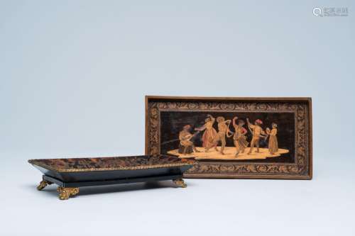 An Italian wood micro-mosaic tray with dancing figures and a...