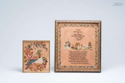 Two English cross stitch needleworks, 19th C.<br />
The smal...