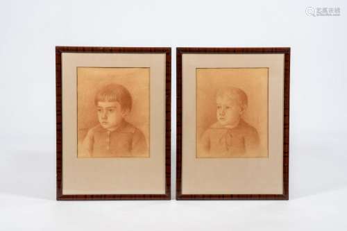 Charles Poupaert (1874-1935): Two child portraits, sanguine,...