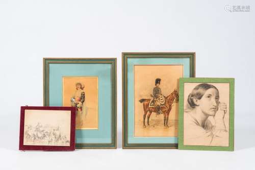 Belgian school: Four various works, pencil and watercolour o...