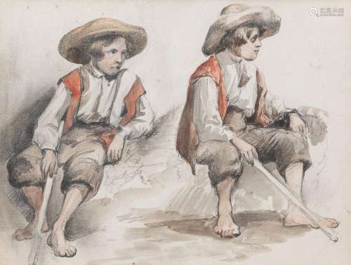 Belgian school: Shepherd boy, mixed media on paper, 19th C.<...