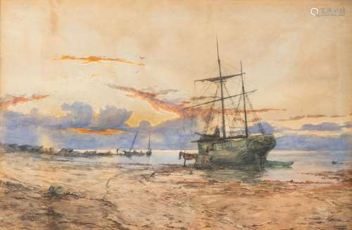 William Dalglish (1860-1909): Unloading the cargo at sunset,...