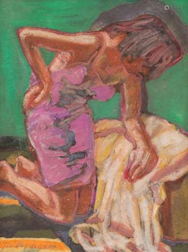 Joseph Verdegem (1897-1957): Kneeling woman with pink dress,...
