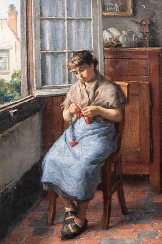 Edgard Farasyn (1858-1938): The knitter at the open window i...