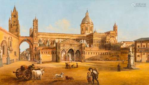 Southern European school: Animated cityscape, oil on canvas,...