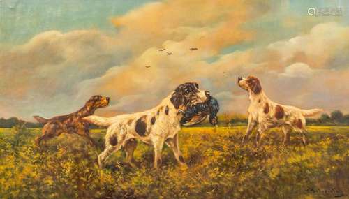 Paul Schouten (1860-1922): Three hunting dogs with their pre...