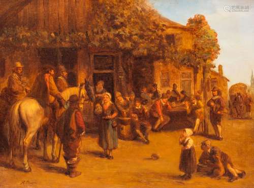 H. Busch (?): The arrival of the travellers, oil on panel, 1...