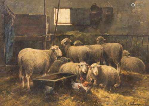 Cornelis Van Leemputten (1841-1902): Sheep and chickens in a...