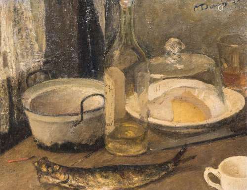 Maurice Dupuis (1882-1959): Still life with bottles, cheese,...