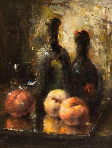 Frans Mortelmans (1865-1936): Still life with fruit and wine...