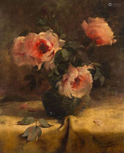 Frans Mortelmans (1865-1936): Pink roses in a vase, oil on c...