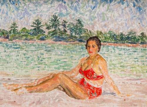 Leon De Smet (1881-1966): Tropical beach with a lady in biki...