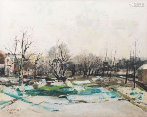 Albert Saverys (1886-1964): Winter landscape with thaw, oil ...