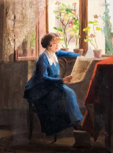 Emil Pap (1884-1949): Lady reading in an interior, oil on ca...