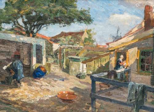 Pierre Jacques Dierckx (1855-1947): View on a sunlit yard, o...