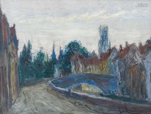 Jozef Horenbant (1863-1956): View of the Belfry in Bruges, o...