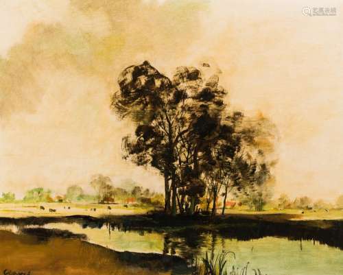 Albert Claeys (1889-1967): A Leie landscape under a soft spr...