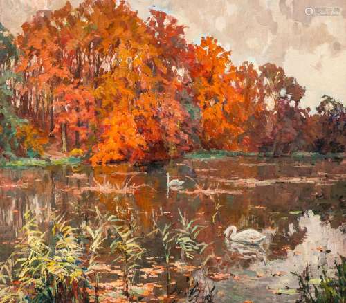 Jean Stevan (1896-1962): View on a pond with swans in autumn...