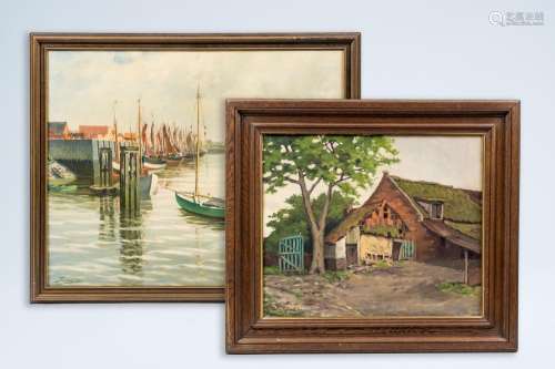 Belgian school: View on a farm and a harbour, oil on canvas,...