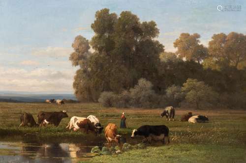 Louis Robbe (1806-1887): Shepherdess with herd at the drinki...