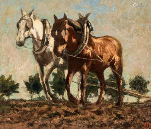 Jean-Baptiste De Greef (1852-1894): Horses on a field, oil o...