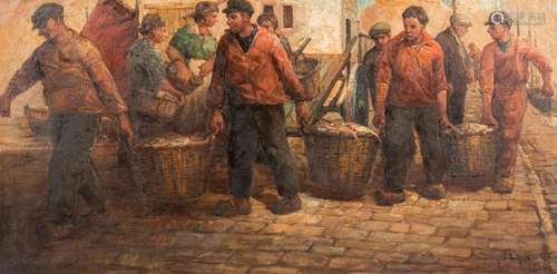 Pierre Verbeke (1895-1962): Unloading the fish, oil on canva...