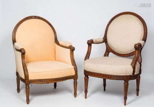 Two French Louis XVI style armchairs with fabric upholstery,...