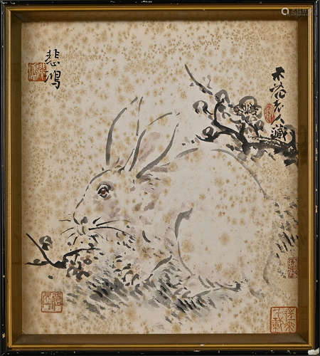 徐悲鴻精品（玉兔圖）老紙老實木框