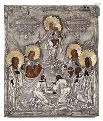 Icon with riza "MADONNA AND CHILD, ANGELS AND SOULS IN ...