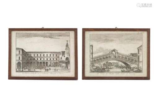 Pair of small etchings "PIAZZA E PONTE DI RIALTO"
