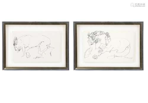 Pair of ink drawings "LIONS"