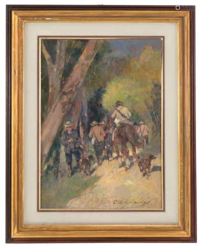 CARLO DOMENICI. Painting "HUNT IN THE WOOD"