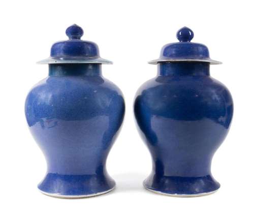 PAIR CHINESE COBALT BLUE PORCELAIN TEMPLE JARS