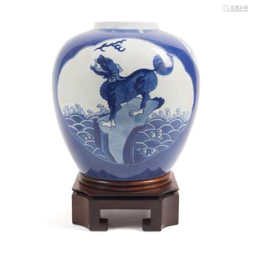 CHINESE BLUE & WHITE QILIN JAR W/ STAND