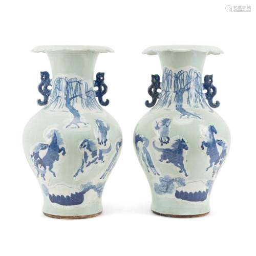 PAIR CHINESE BLUE & WHITE CELADON HORSE VASES