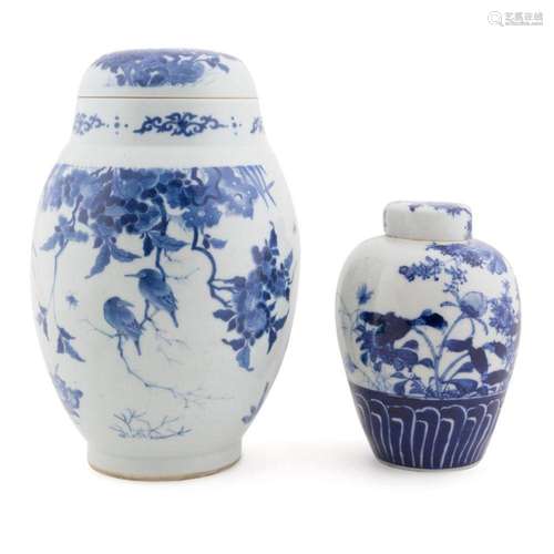 TWO CHINESE BLUE & WHITE PORCELAIN LIDDED JARS