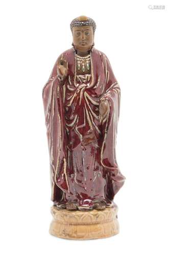 CHINESE SANG DE BOEUF GLAZE STANDING BUDDHA