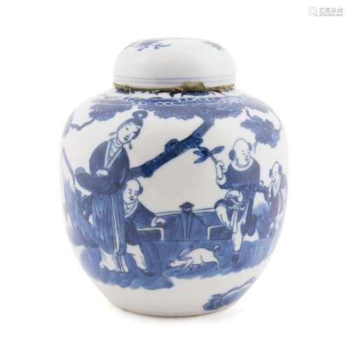 CHINESE BLUE & WHITE FIGURAL LIDDED GINGER JAR